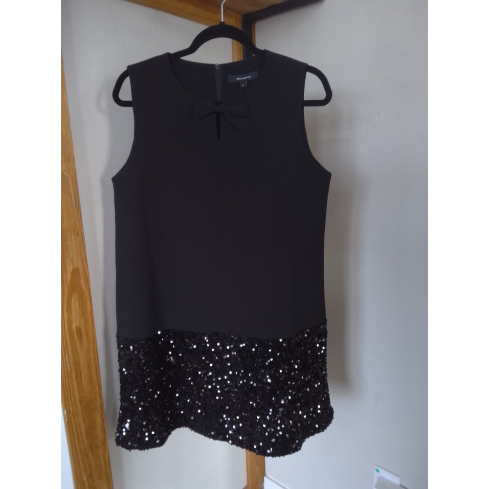 Beulah Style Black Sequin Hem Shift Dress Sleeveless Bow Neck L NWT